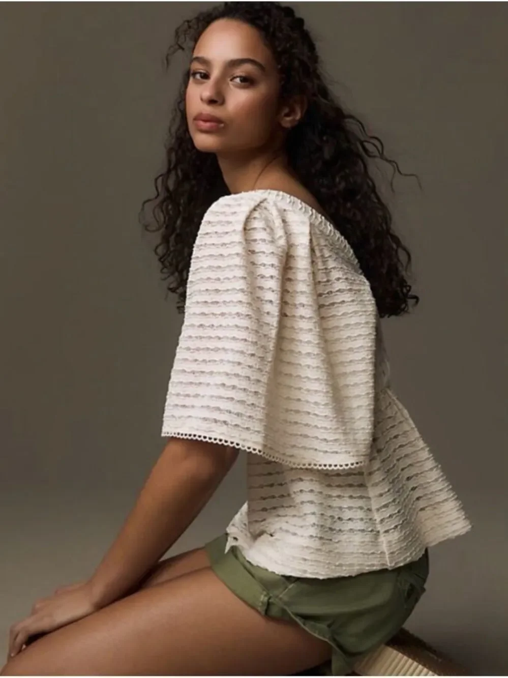 Anthropologie Sarah Hann Flutter-Sleeve Crochet Babydoll Top Size M